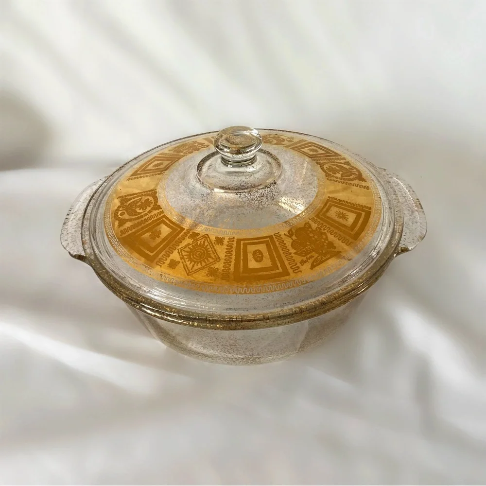Vintage fire king culver coronet metallic gold covered casserole dishes cookware